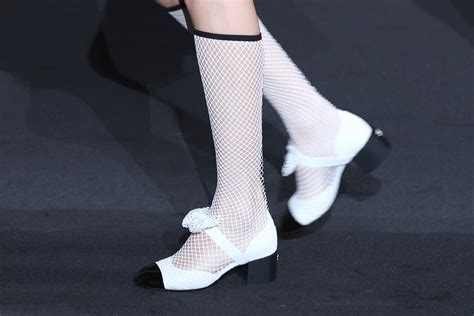 chanel fishnet|Chanel lace shoes.